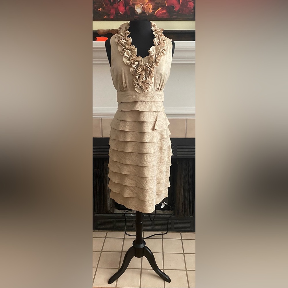 Lizzatti Collection Champagne Midi Dress with Floral Accents. Size 12